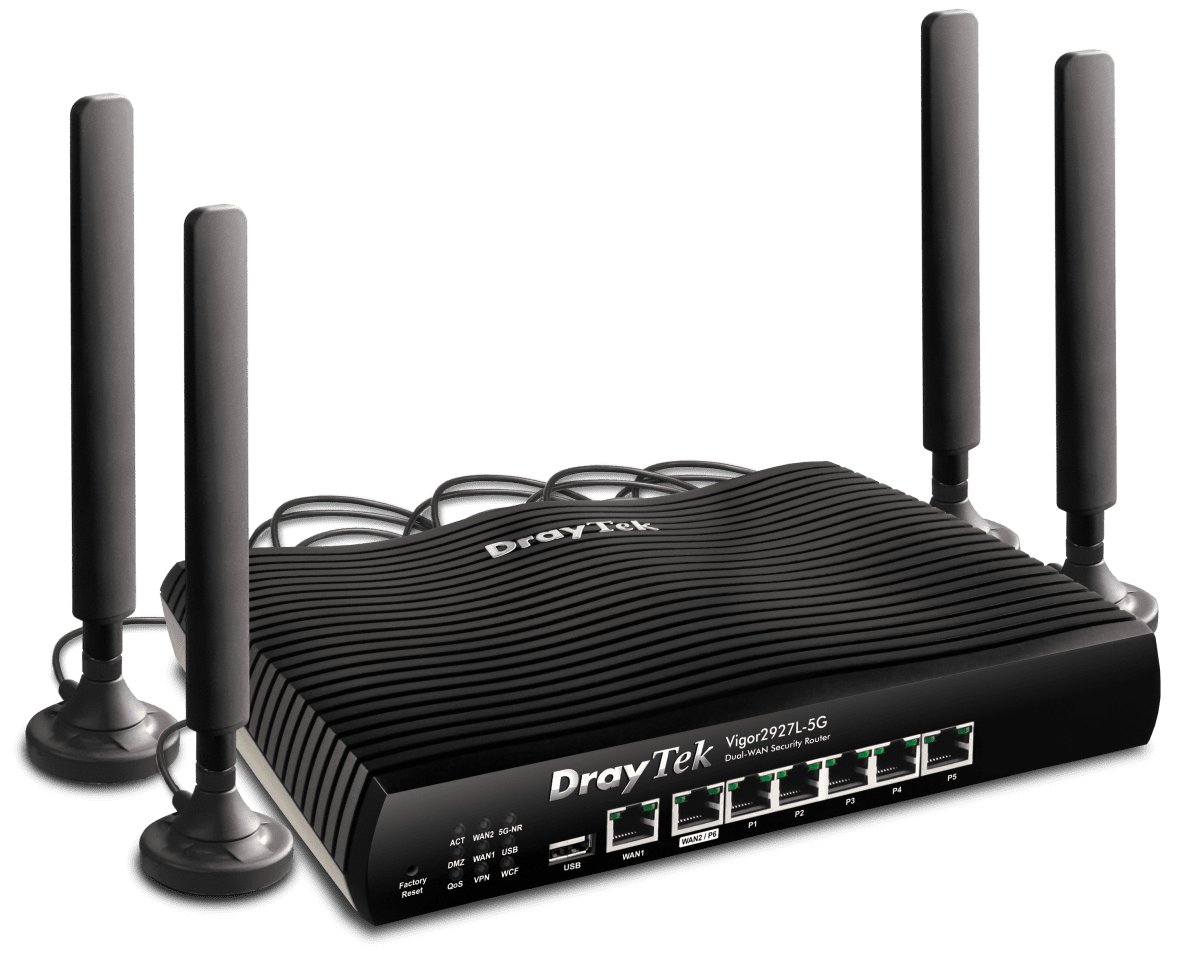 Draytek Vigor 2927L-5G Multi-WAN routers with a dual 5G Nano SIM card slot, 1 x GbE WAN port, 1 x configurable GbE WAN/LAN port, 5 x GbE LAN ports, SPI Firewall, and 50 x VPN tunnels including 25 x OpenVPN/SSL VPN tunnels