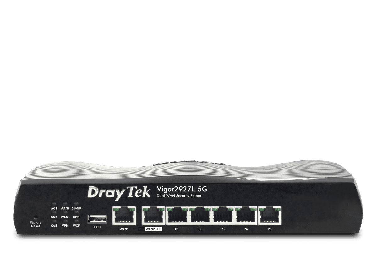 Draytek Vigor 2927L-5G Multi-WAN routers with a dual 5G Nano SIM card slot, 1 x GbE WAN port, 1 x configurable GbE WAN/LAN port, 5 x GbE LAN ports, SPI Firewall, and 50 x VPN tunnels including 25 x OpenVPN/SSL VPN tunnels