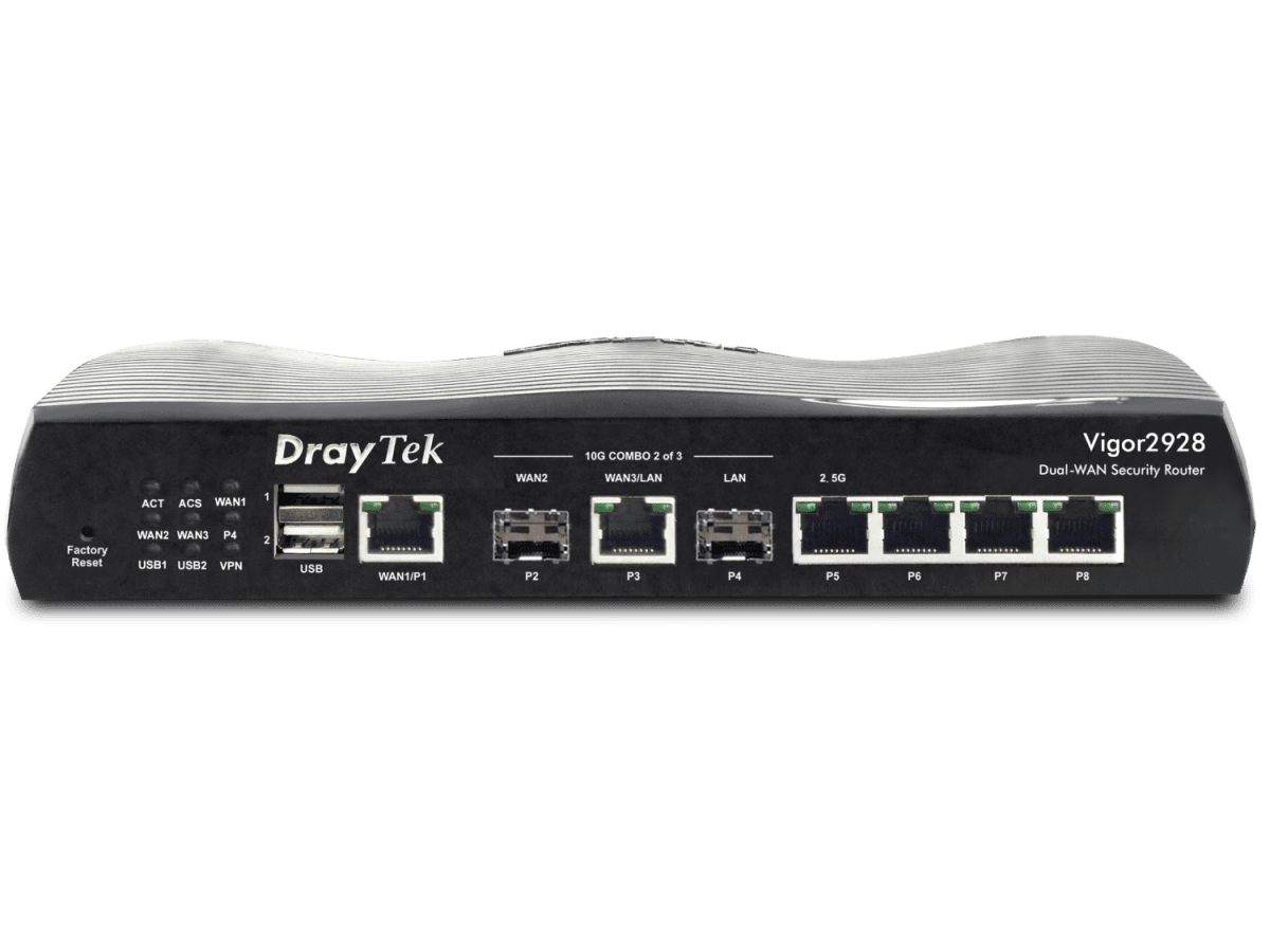 Draytek Vigor 2928 Multi-WAN Router with 1 x 10GbE WAN/LAN port, 1 x 10GbE SFP+ WAN slot, 1 x GbE WAN port, 1 x 10GbE SFP+ LAN slot, 1 x 2.5GbE LAN port, 3 x GbE LAN ports, SPI Firewall, and 50 x IPsec/OpenVPN/WireGuard VPN tunnels