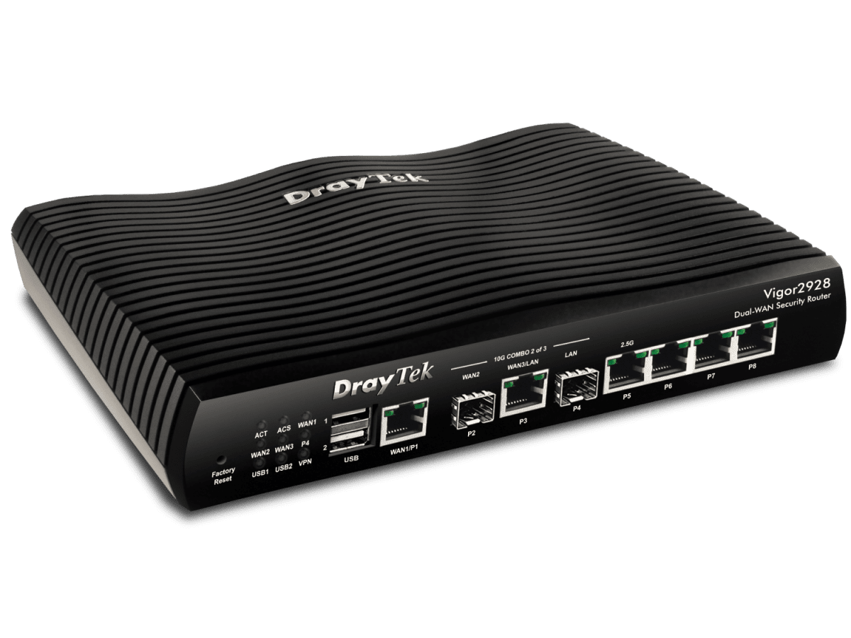 Draytek Vigor 2928 Multi-WAN Router with 1 x 10GbE WAN/LAN port, 1 x 10GbE SFP+ WAN slot, 1 x GbE WAN port, 1 x 10GbE SFP+ LAN slot, 1 x 2.5GbE LAN port, 3 x GbE LAN ports, SPI Firewall, and 50 x IPsec/OpenVPN/WireGuard VPN tunnels