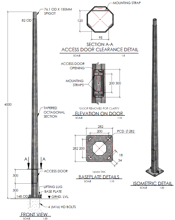 4M Fixed Medium Duty Tapered Octagonal Pole, Baseplate Mounted, Hot Dipped Galvanized C/W Access Door & 76mm OD x 150mm Top Spigot