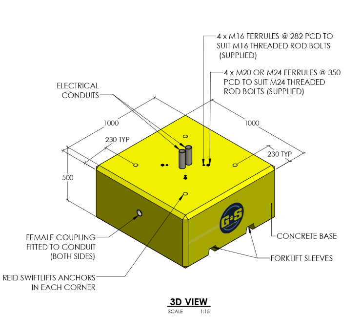Precast Concrete Base with Fork Sleeves & Lifting Points - 1000 x 1000 x 500mm
