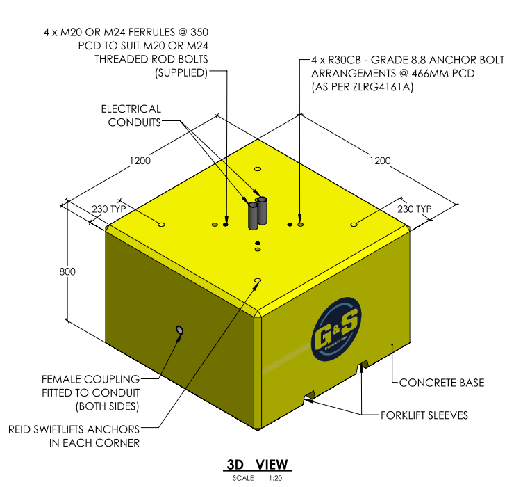 Precast Concrete Base with Fork Sleeves & Lifting Points - 1200 x 1200 x 800mm