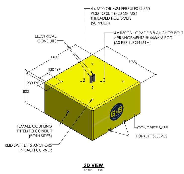 Precast Concrete Base with Fork Sleeves & Lifting Points - 1400 x 1400 x 800mm