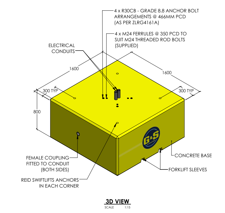 Precast Concrete Base with Fork Sleeves & Lifting Points - 1600 x 1600 x 800mm