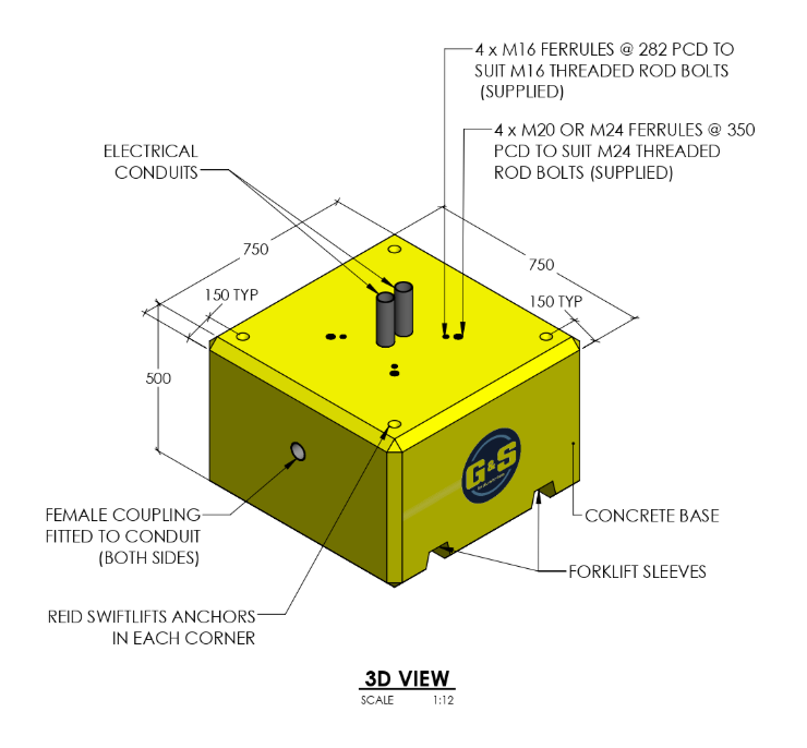 Precast Concrete Base with Fork Sleeves & Lifting Points - 750 x 750 x 500mm