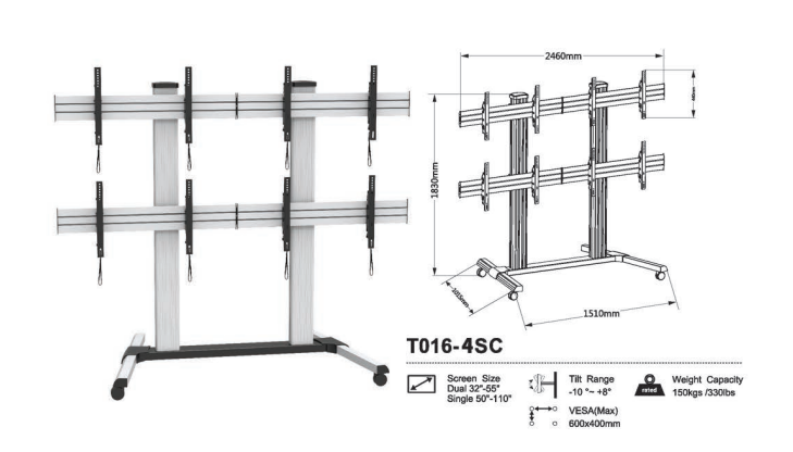 T015-4SC Video Wall Stand – Four Screen Video Wall Cart